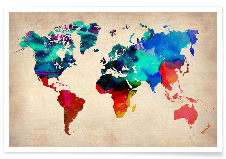 900x636 World Watercolor Map As Premium Poster By Naxart Juniqe - Watercolor Poster