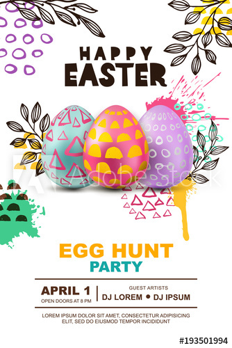 334x500 Easter Egg Hunt Party Vector Poster Design Template. 3d Decorative - Watercolor Poster Design