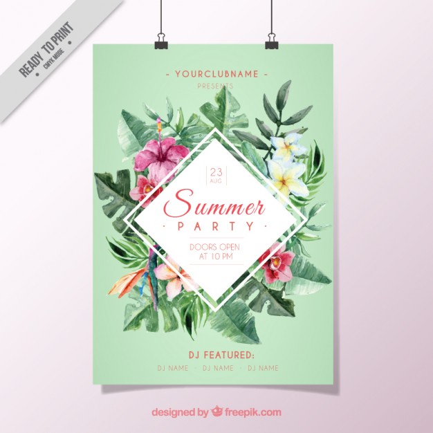 626x626 Watercolor Summer Exotic Party Poster Vector Free Download - Watercolor Poster Design