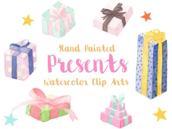 570x428 Presents Gifts Party Watercolor Clip Arts Digital File Star Etsy - Watercolor Presents