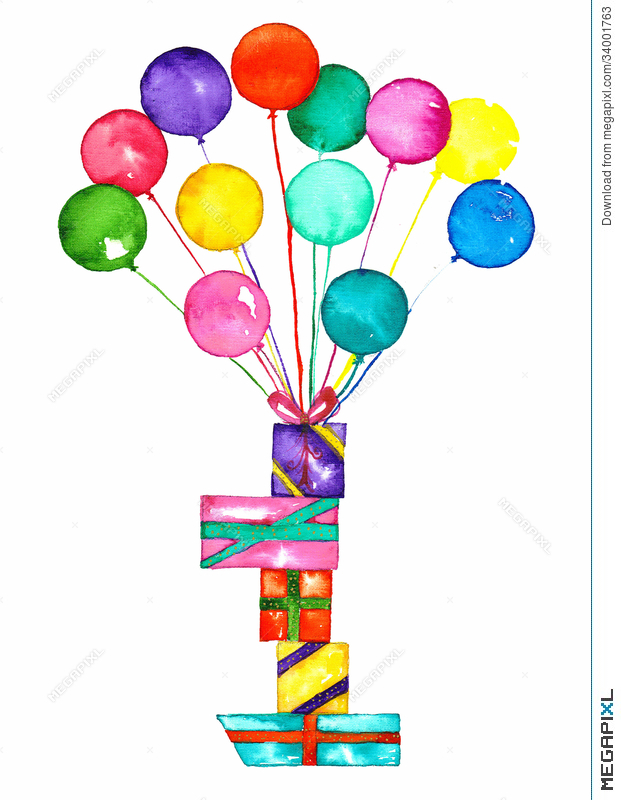 621x800 Balloons And Presents Watercolor Illustration 34001763 - Watercolor Presents