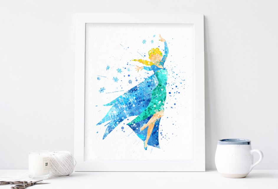 942x640 Elsa Print, Frozen Disney Watercolor Nursery Wall Decor, Disney - Watercolor Princess