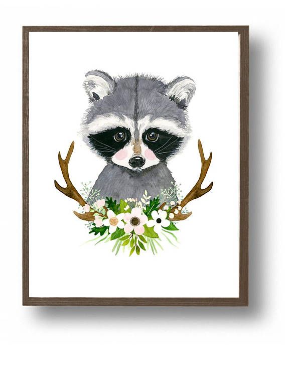 570x761 Watercolor Raccoon, Baby Raccoon, Woodland Nursery, Floral Antlers - Watercolor Raccoon