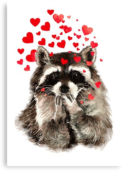 398x550 Cute Watercolor Raccoon Blowing Kisses Amp Hearts Canvas Prints By - Watercolor Raccoon