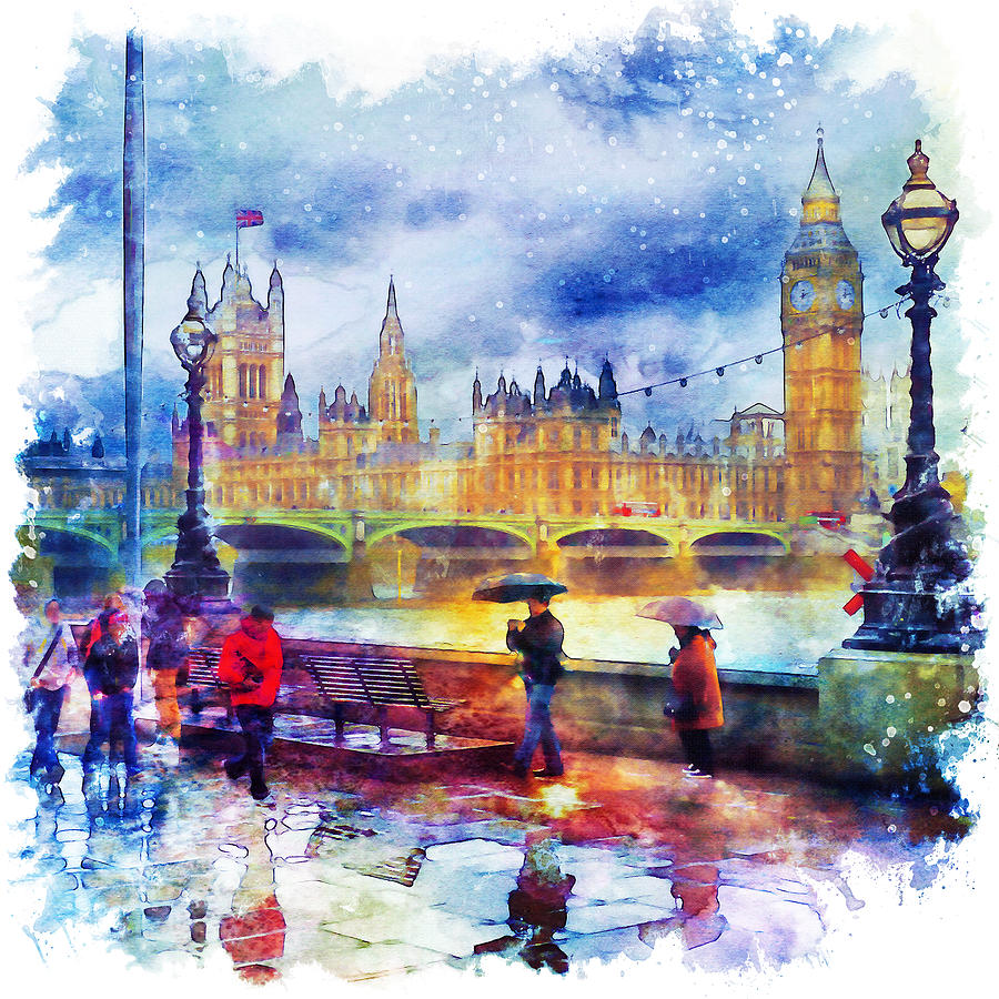 900x900 London Rain Watercolor Mixed Media By Marian Voicu - Watercolor Rain
