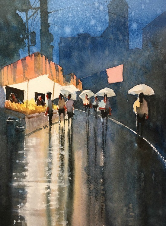 550x750 Watercolor Paintings Of A Japanese Festival In The Rain - Watercolor Rain
