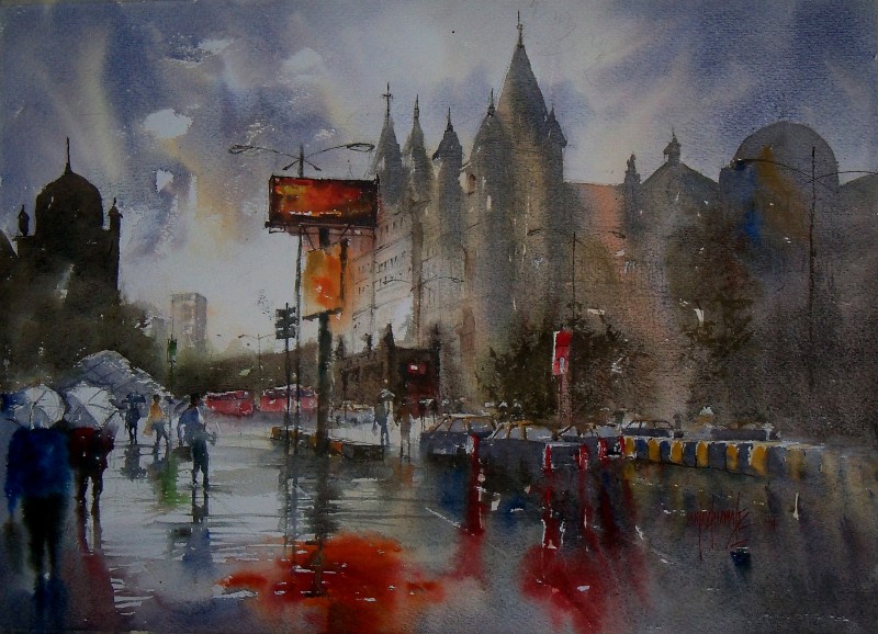 800x578 Dream City In Rain By Artist Sanjay Dhawale Cityscape Art - Watercolor Rain