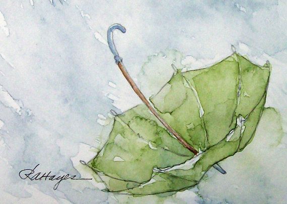 570x406 Green Umbrella In The Rain Watercolor Painting Original Aceo - Watercolor Rain Umbrella