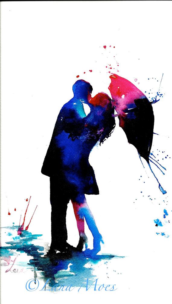 570x1009 Love Kiss Rain Umbrella Art Print From Original Watercolor - Watercolor Rain Umbrella