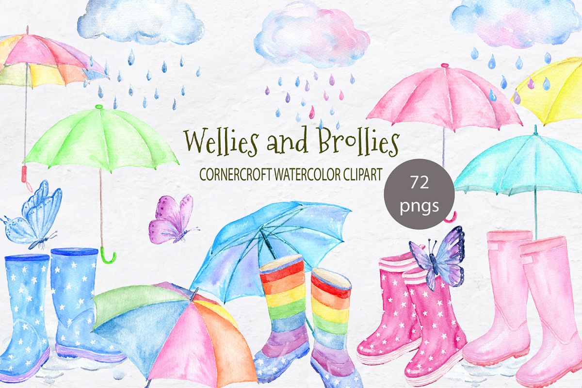 1200x800 Watercolor Clipart Wellies And Brollies, Wellington Boots - Watercolor Rain Umbrella
