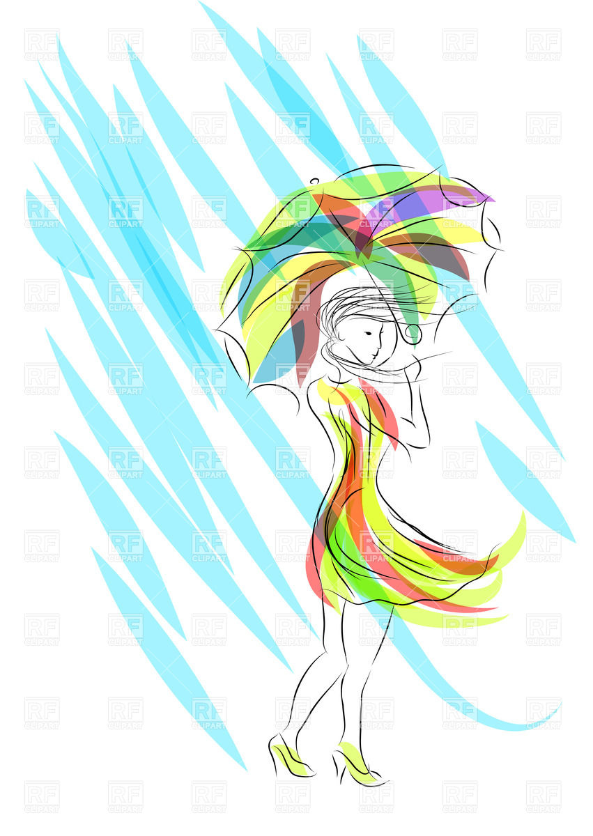 851x1200 Watercolor Sketch Of Woman With Umbrella Under The Rain Vector - Watercolor Rain Umbrella