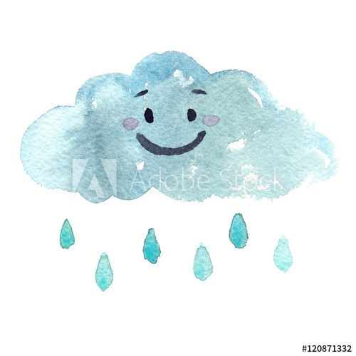 500x500 Little Happy Smiling Cartoon Cloud With Raindrops Painted In - Watercolor Raindrops