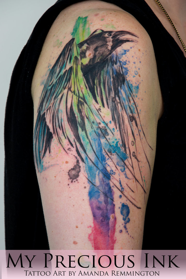 730x1095 Freehand Watercolor Raven Tattoo By Mentjuh - Watercolor Raven Tattoo