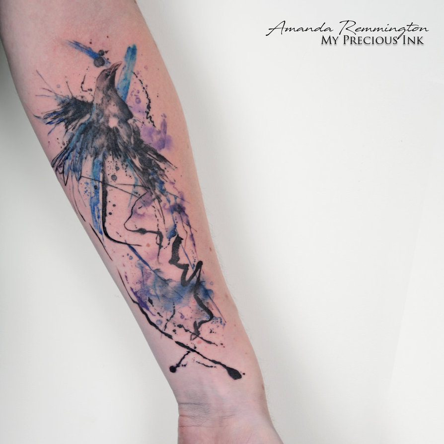 894x894 Freehand Watercolor Splah Raven Tattoo By Mentjuh - Watercolor Raven Tattoo