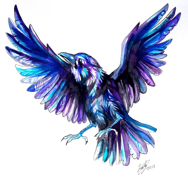 600x566 Watercolor Flying Raven Tattoo Design By Katy Lipscomb - Watercolor Raven Tattoo