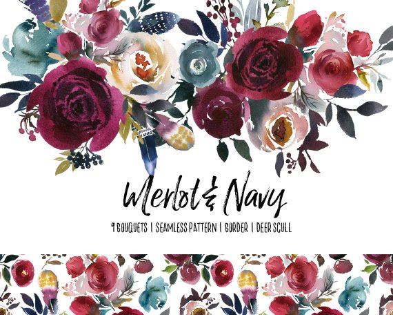 570x456 Boho Bordo Amp Navy Watercolor Floral Clipart Burgundy Red Etsy - Watercolor Red Flowers