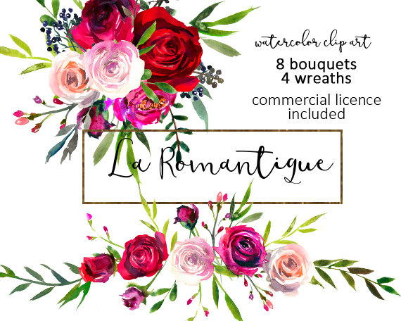 570x456 Watercolor Floral Clipart Red Purple Pink Burgundy Roses Peonies - Watercolor Red Flowers