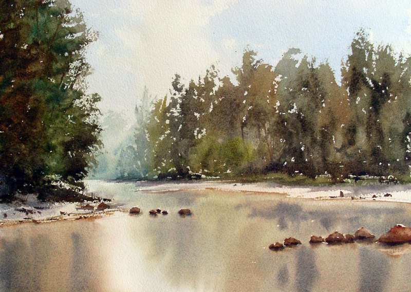 800x568 Watercolor Painting Of Reflections On River. - Watercolor Reflections