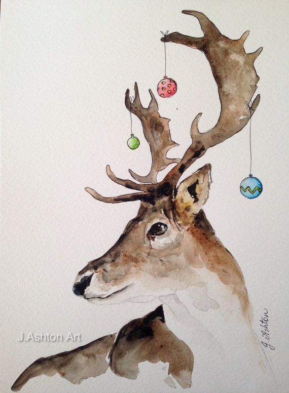 570x776 A Bit Dressed Up Original Watercolour Deer Painting By Jashtonart - Watercolor Reindeer