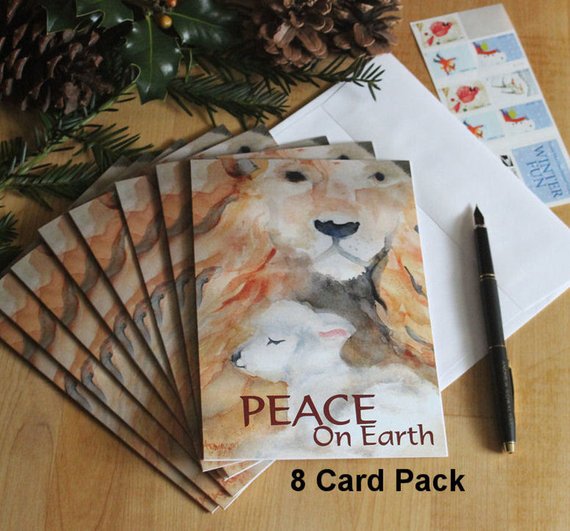 570x531 Christmas Cards Lion And Lamb Watercolor Holiday Greeting Card Etsy - Watercolor Religious Christmas Cards