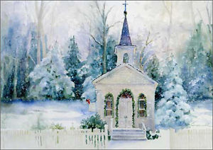 300x212 Snowy Church - Watercolor Religious Christmas Cards