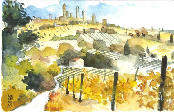 600x387 San Gimignano Restaurants In San Gimignano (Siena) Tuscany Italy - Watercolor Restaurants