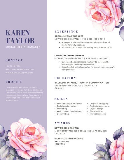 425x550 Lavender And White Rose Watercolor Creative Resume - Watercolor Resume