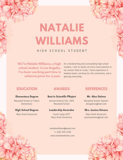 425x550 Pink Floral Watercolor High School Resume - Watercolor Resume