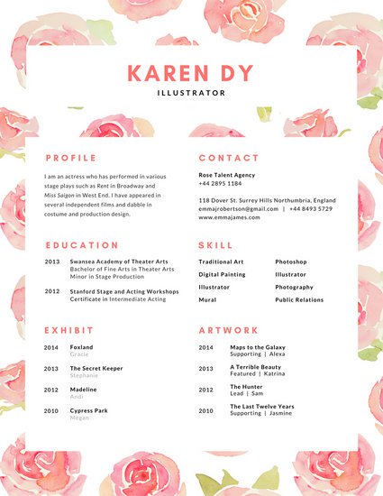 425x550 Pink Watercolor Roses Floral Creative Resume - Watercolor Resume