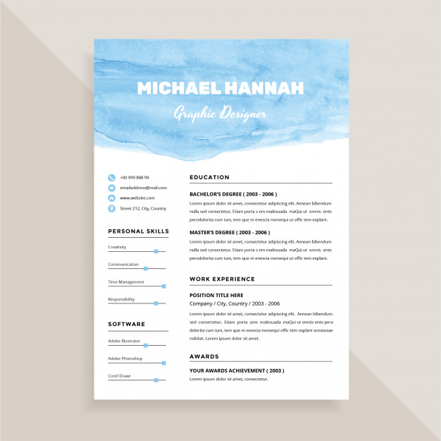 626x625 Unique Blue Watercolor Resume Template Design Vector Premium - Watercolor Resume