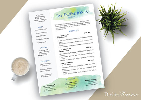 570x403 Watercolor Resume Template Professional Resume Us Letter Amp A4 - Watercolor Resume