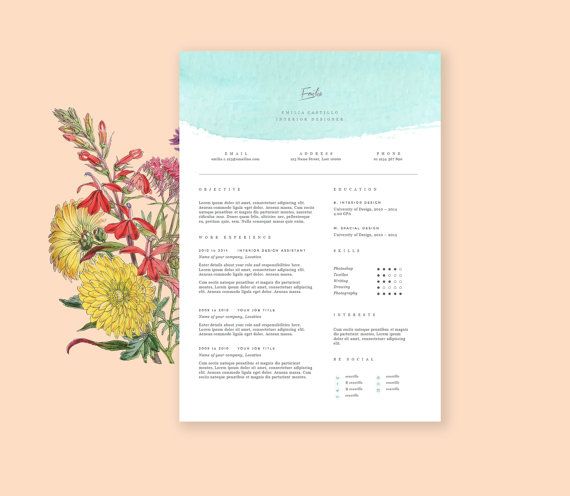 570x496 Watercolor Resume Template With Cover Letter Cv By Landedco - Watercolor Resume