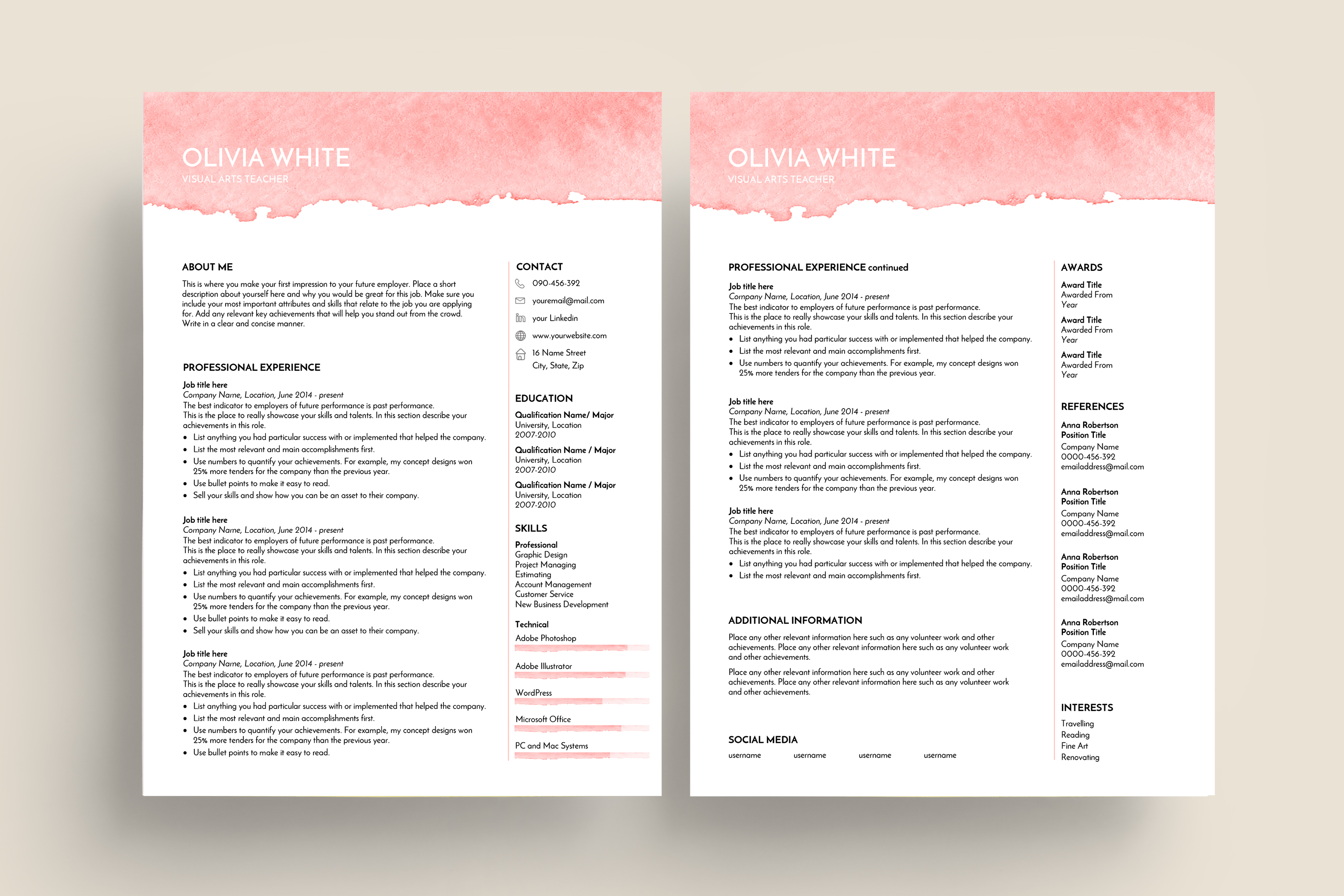 3600x2401 Resume Template Pink Watercolor Feminine - Watercolor Resume