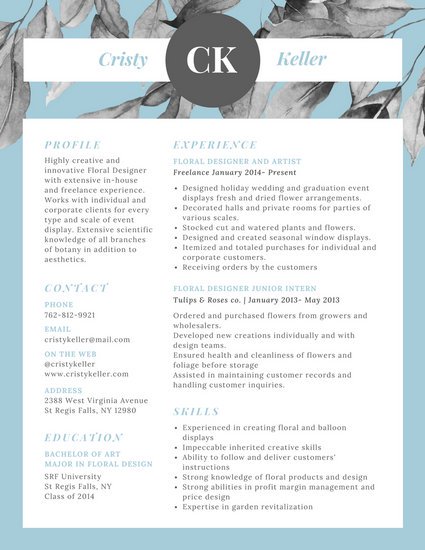 425x550 Blue Watercolor Leaves Modern Resume - Watercolor Resume