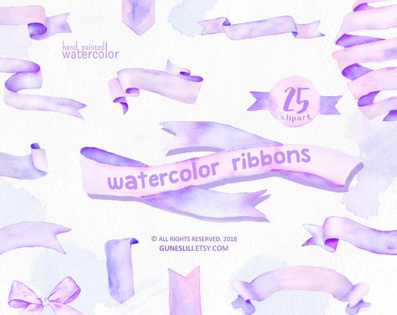 570x453 Ribbon Clipart Purple Watercolor Banner Clipart Watercolor Etsy - Watercolor Ribbon