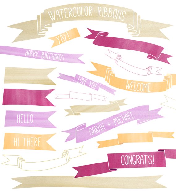 570x617 Watercolor Ribbon Clip Art Beautiful Hand Painted Digital Etsy - Watercolor Ribbon