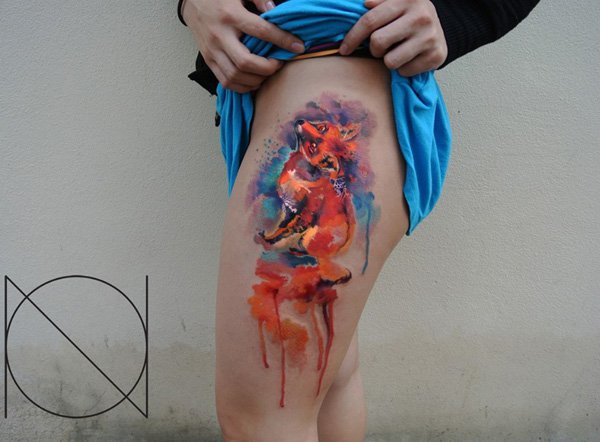 600x442 Orange Ink Watercolor Fox Tattoo On Thigh Of Girl - Watercolor Ribbon Tattoo