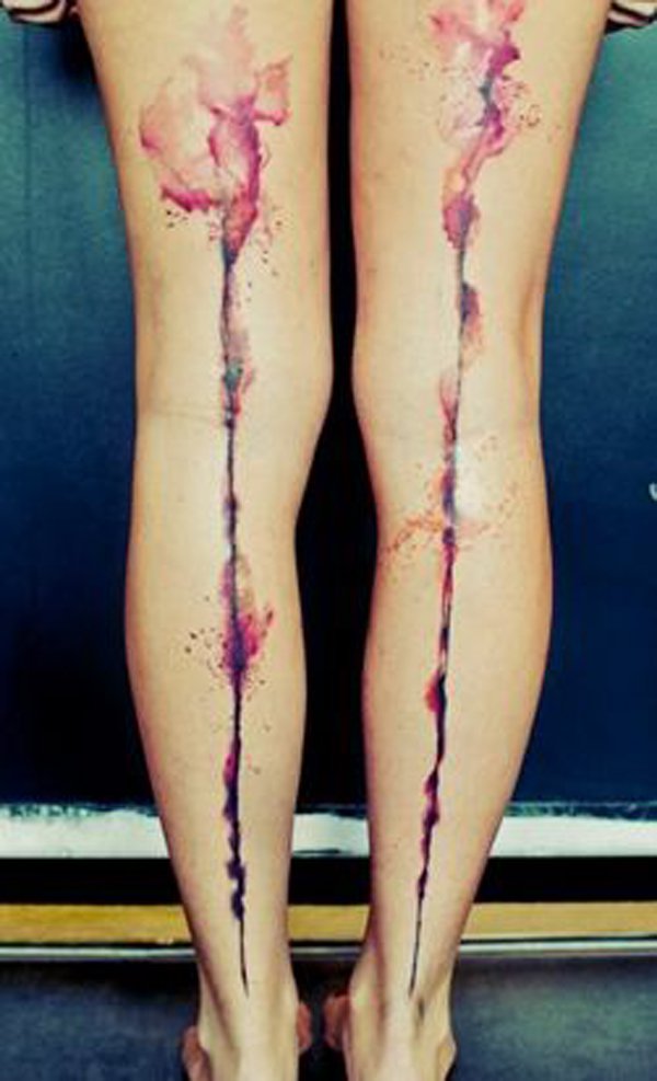 600x987 Watercolor Tattoos On Leg - Watercolor Ribbon Tattoo