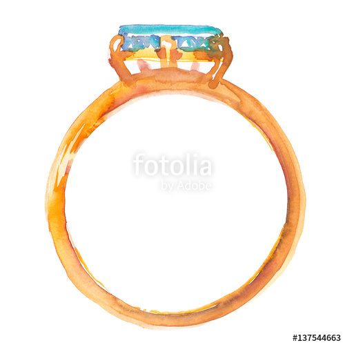 500x500 Single Gold Ring With Big Gemstone Painted In Watercolor On Clean - Watercolor Ring