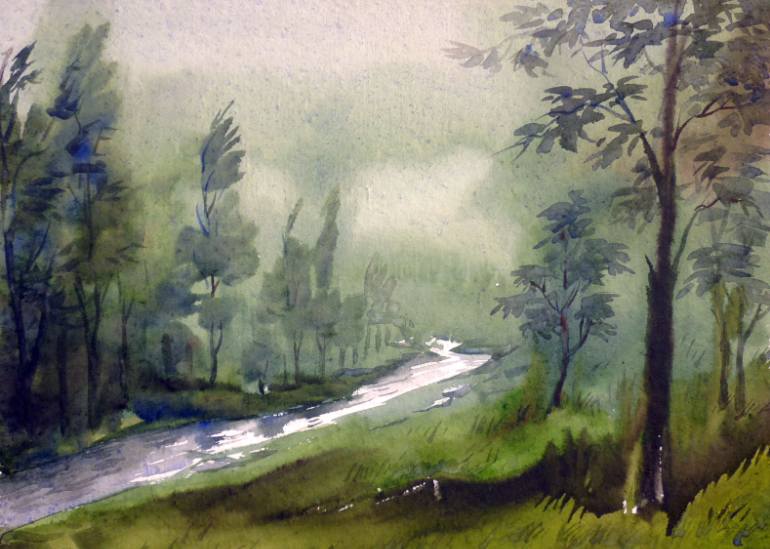 770x549 Mountain Forest And River Watercolor On Paper Painting By Samiran - Watercolor River