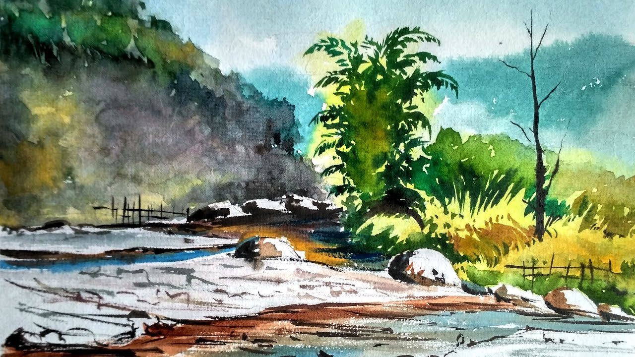 1280x720 Mountain River Watercolor Landscape Painting Paint With David - Watercolor River