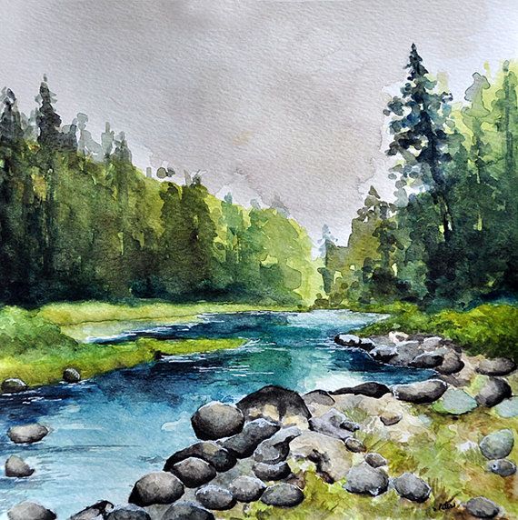 570x572 Original Watercolor Painting 10x10 Inch, River Landscape - Watercolor River