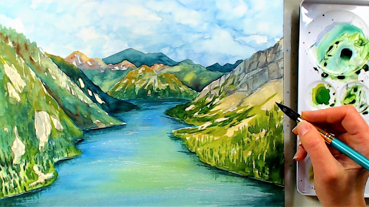 1280x720 River And Mountain Landscape In Watercolors (Beginner Watercolor - Watercolor River