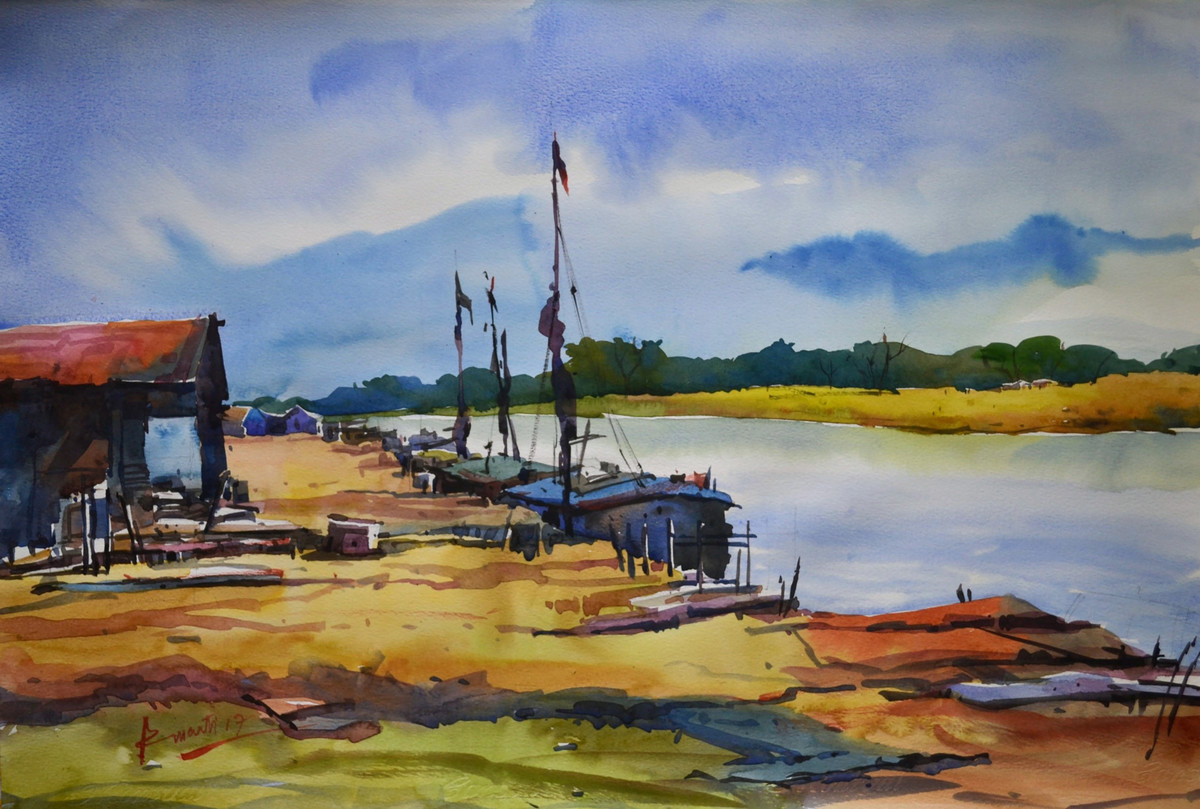1200x809 River By Artist Prasanta Maiti Impressionism, Painting Mojarto - Watercolor River