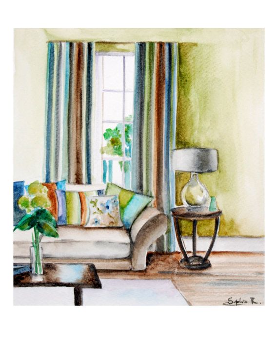 570x697 Art Print Of Original Watercolor Painting 9x11, Interior Living - Watercolor Room