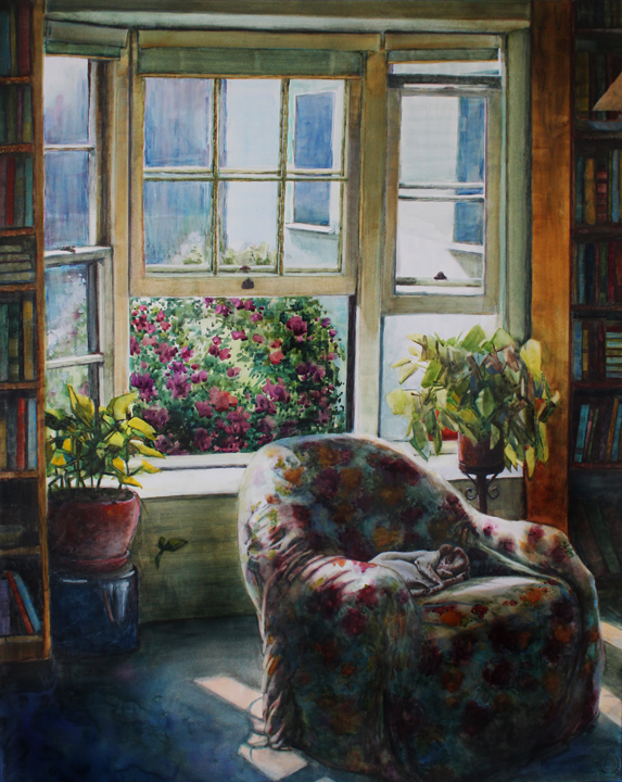573x720 Watercolor Reading Room (An Interior With Books And A Sleeping - Watercolor Room