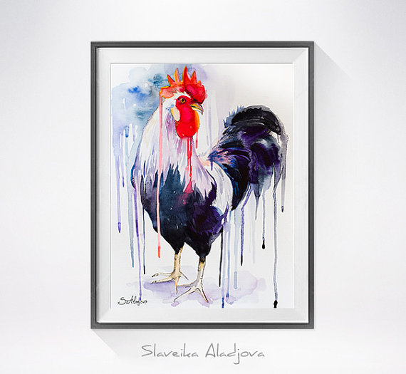 570x525 Rooster Watercolor Painting Print, - Watercolor Rooster