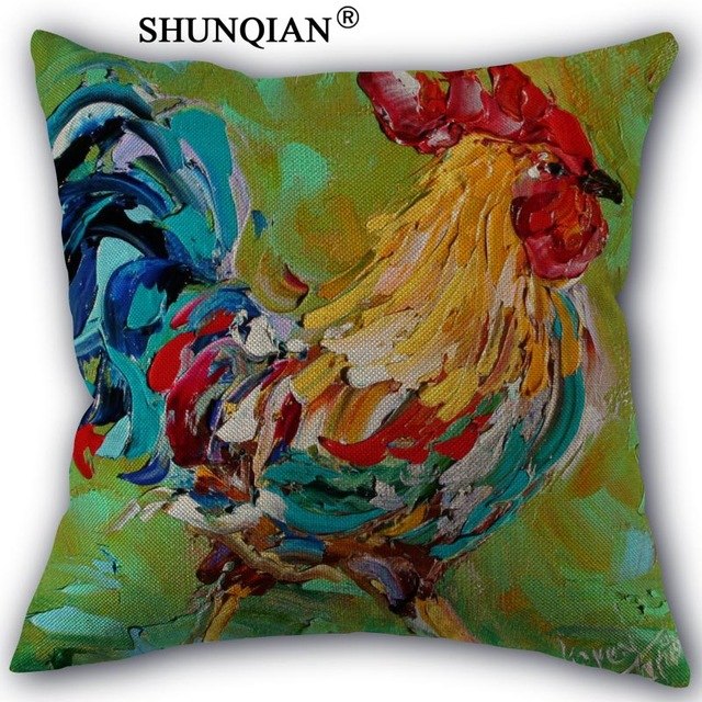640x640 Watercolor Rooster Linen Cotton Pillow Covers Printed Square Home - Watercolor Rooster