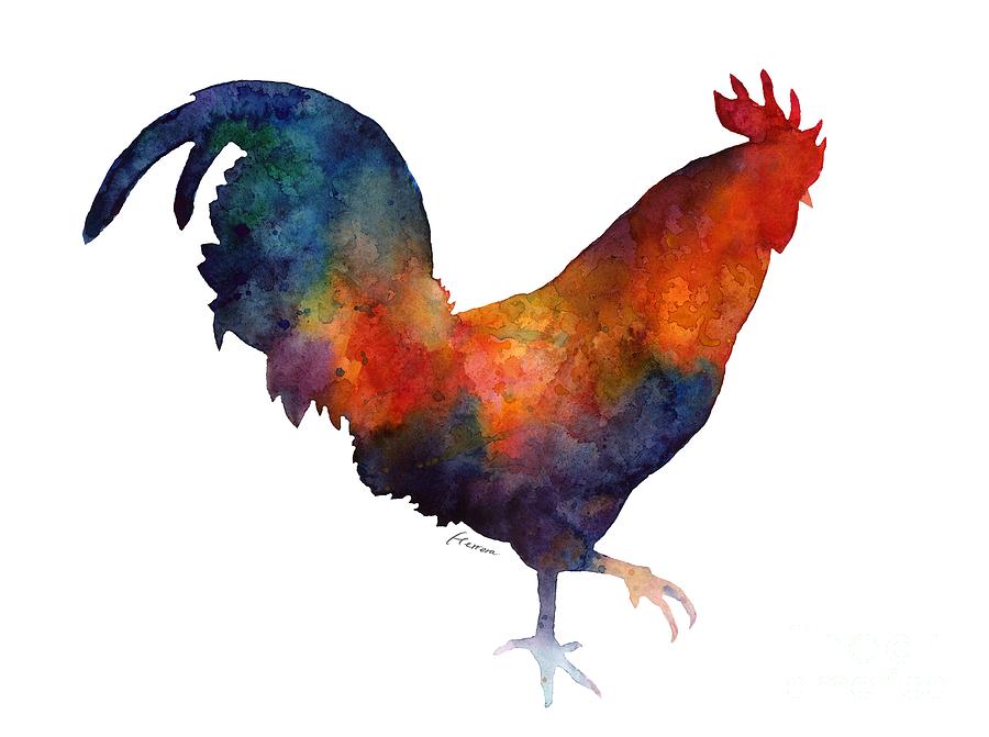 900x671 Colorful Rooster Painting By Hailey E Herrera - Watercolor Rooster