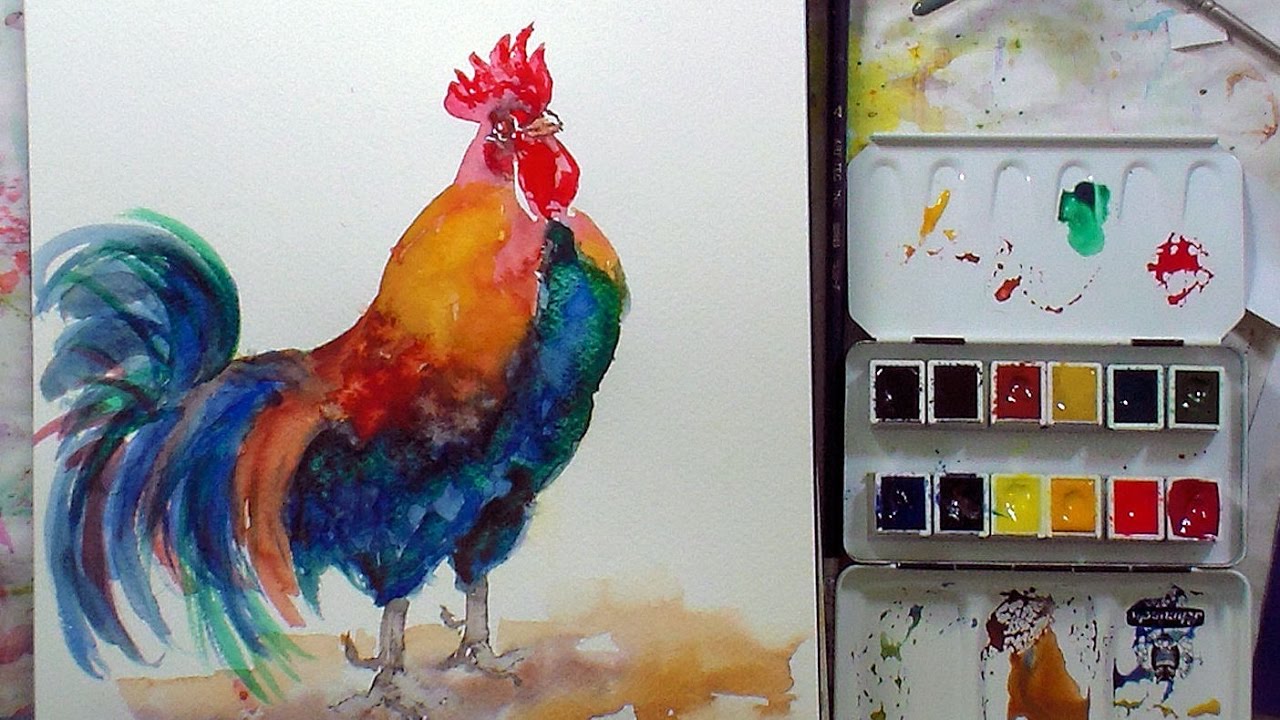1280x720 Rooster Painting Tutorial In Schminke Akademie Watercolor - Watercolor Rooster Paintings